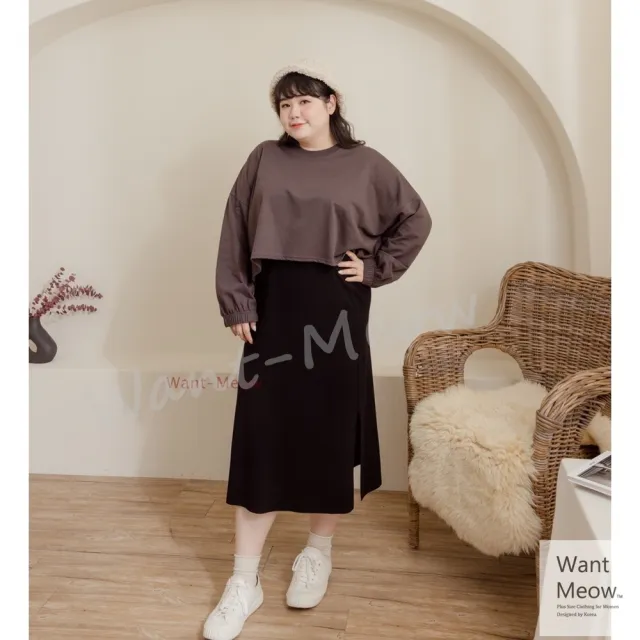 【Want-Meow】90公斤可穿/台灣製/百搭束口短版寬袖圓領素面大學T(短版上衣/長袖上衣/大碼/大尺碼/加大碼)