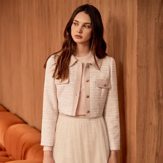 【ILEY 伊蕾】小香風金蔥花呢蓋袋造型短版外套(淺粉色；M-XL；1223024019)