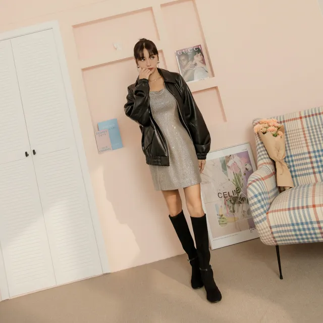【Ann’S】真絲彈力絨~名媛氣質鑽扣2way粗跟及膝長靴5.5cm(黑)