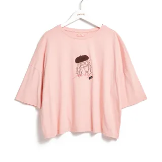 【SOMETHING】女裝 貝雷帽女孩刺繡短袖T恤(淡桔色)