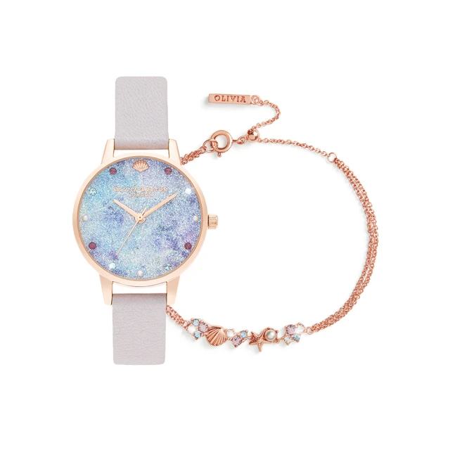 【Olivia Burton】Under The Sea系列-貝殼珍珠閃耀藍紫面淺紫帶腕錶手鏈禮盒(OBGSET142)