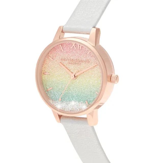 【Olivia Burton】Rainbow系列-滾珠彩虹閃耀漸層面玫瑰金殼珠光銀色真皮錶帶腕錶(OB16EX228)
