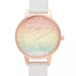 【Olivia Burton】Rainbow系列-滾珠彩虹閃耀漸層面玫瑰金殼珠光銀色真皮錶帶腕錶(OB16EX228)