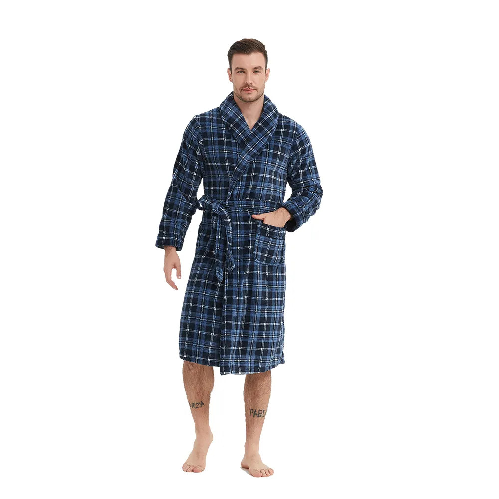 【蕾妮塔塔】蘇格蘭格紋 極暖超柔軟水貂絨男性長袖睡袍(R20206-10藍格紋)