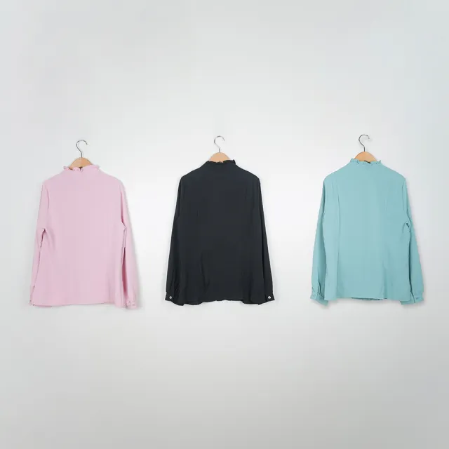 【MASTINA】平達克荷葉立領雪紡正裝長袖襯衫(黑 粉 綠/魅力商品)