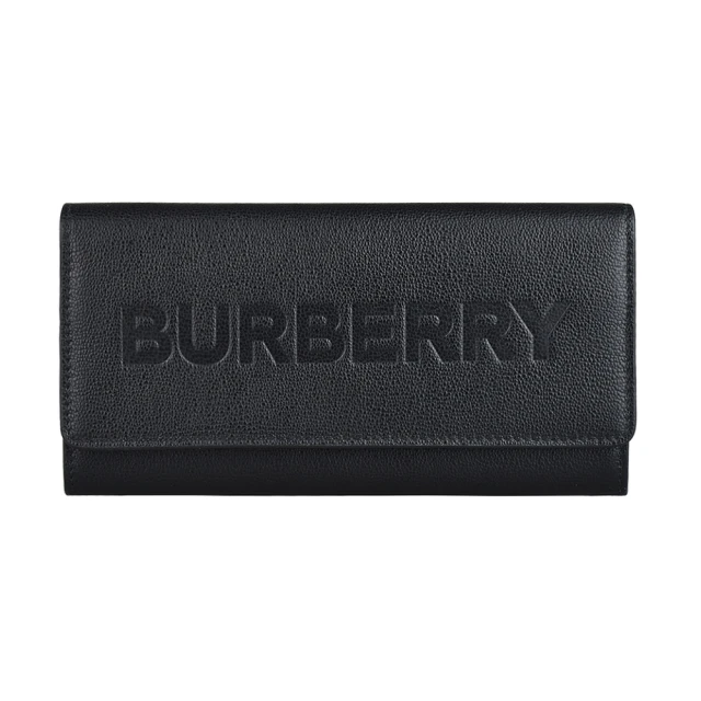 BURBERRY 巴寶莉 BURBERRY烙印黑字LOGO小牛皮12卡對折釦式長夾(黑)