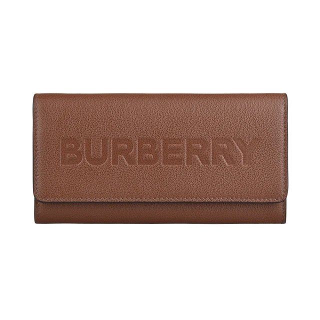 BURBERRY 巴寶莉 BURBERRY烙印棕字LOGO小牛皮12卡對折釦式長夾(棕)