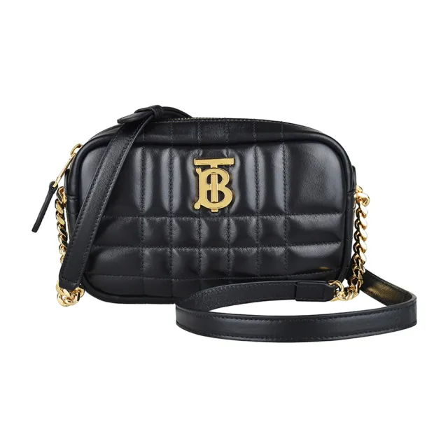 【BURBERRY 巴寶莉】BURBERRY LOLA 金色字母LOGO格紋設計小羊皮拉鍊斜背相機包(迷你/黑)
