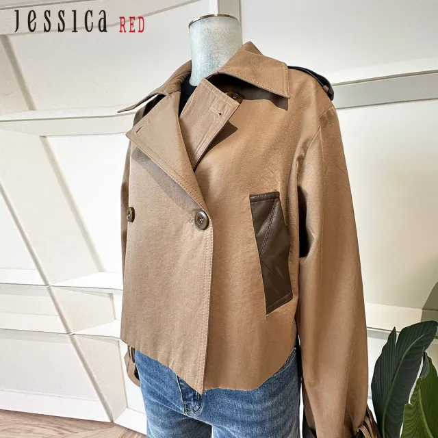 【Jessica Red】時尚帥氣百搭肩章短版風衣外套R35010（咖）