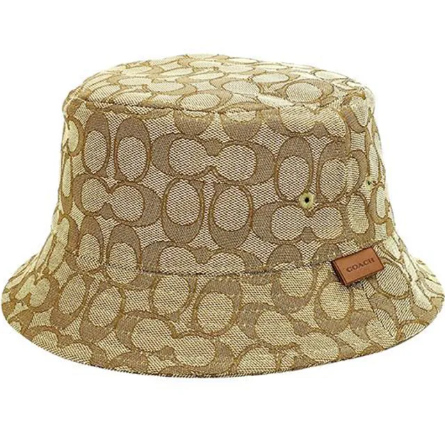 【COACH】焦糖咖啡滿版LOGO織紋布皮標漁夫帽