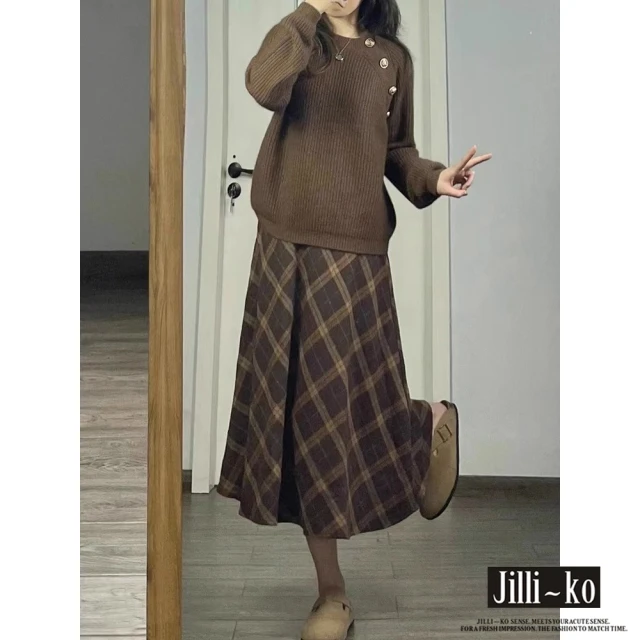 JILLI-KO 毛呢格子半身裙女中長款高腰A字長裙-M/L(咖)