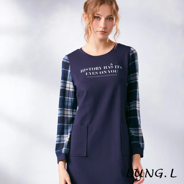 【LUNG.L 林佳樺】LN57H 藍色長袖洋裝袖子拼接格紋(女裝 洋裝)