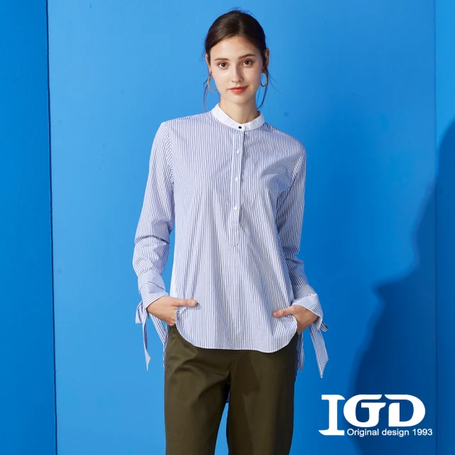 IGD 英格麗 網路獨賣款-立領袖口綁結造型襯衫(藍色)