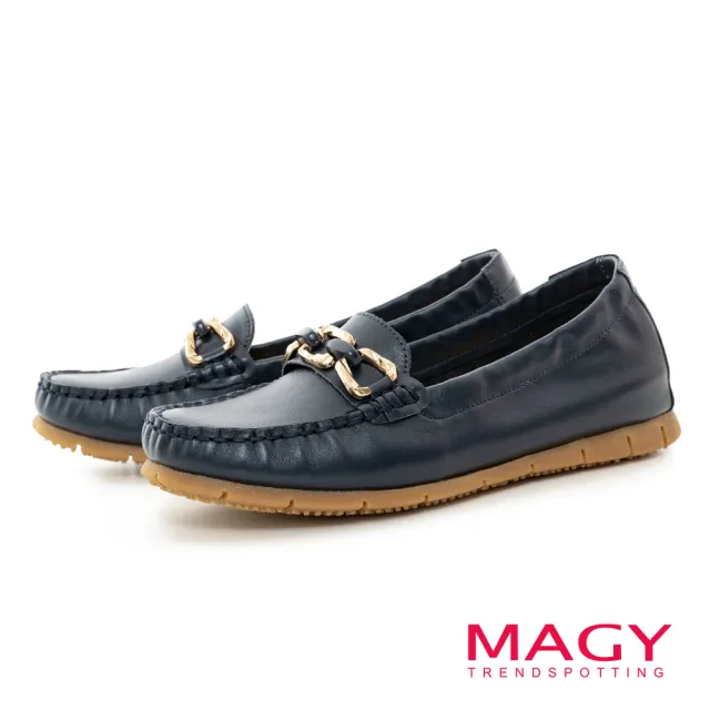 【MAGY】金屬鍊飾牛皮平底休閒鞋(藍色)