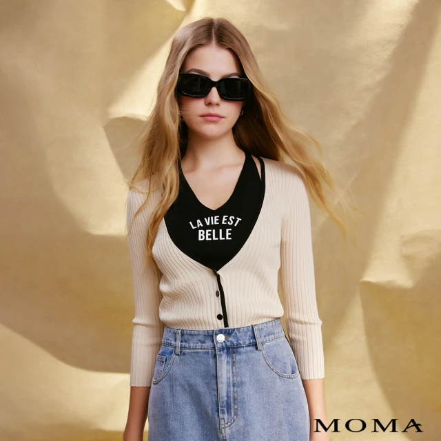 MOMA V領拼色落肩毛衣(白色)品牌優惠