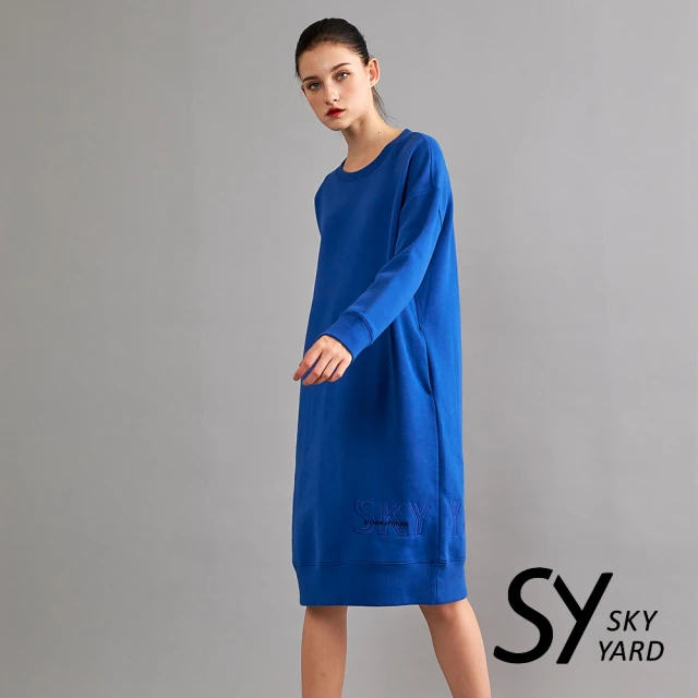 SKY YARD 休閒刺繡長版刷毛衛T上衣(藍色)