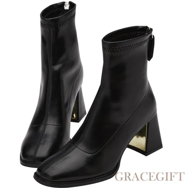【Grace Gift】俐落百搭後拉鍊中高跟襪靴
