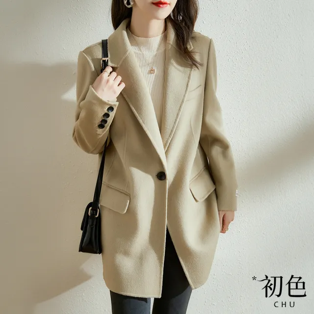 【初色】翻領單扣長袖修身中長款西裝外套毛呢大衣休閒外套-共3色-31904(M-2XL可選)