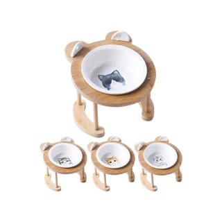 貓耳勺木架陶瓷碗(單碗/陶瓷碗/竹木架/貓耳造型小勺叉/手繪卡通貓)