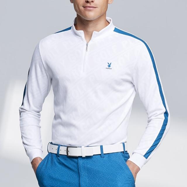 【PLAYBOY GOLF】男款文字緹織吸濕排汗立領長袖POLO衫-白(蓄熱保溫/高爾夫球衫/AA23220-87)