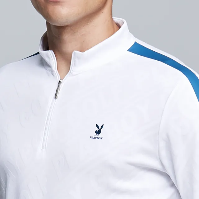 【PLAYBOY GOLF】男款文字緹織吸濕排汗立領長袖POLO衫-白(蓄熱保溫/高爾夫球衫/AA23220-87)