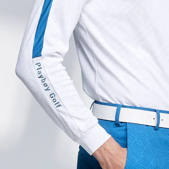 【PLAYBOY GOLF】男款文字緹織吸濕排汗立領長袖POLO衫-白(蓄熱保溫/高爾夫球衫/AA23220-87)