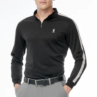 【PLAYBOY GOLF】男款文字緹織吸濕排汗立領長袖POLO衫-黑(蓄熱保溫/高爾夫球衫/AA23220-88)