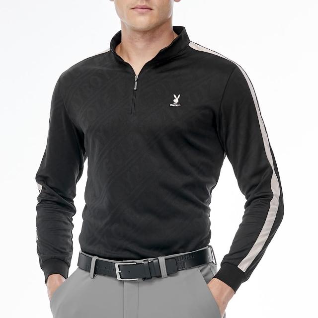 【PLAYBOY GOLF】男款文字緹織吸濕排汗立領長袖POLO衫-黑(蓄熱保溫/高爾夫球衫/AA23220-88)