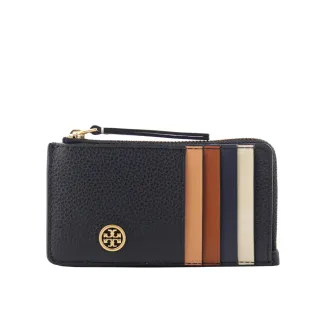 【TORY BURCH】Robinson 荔枝皮革拼色多功能拉鍊卡片夾(黑色)