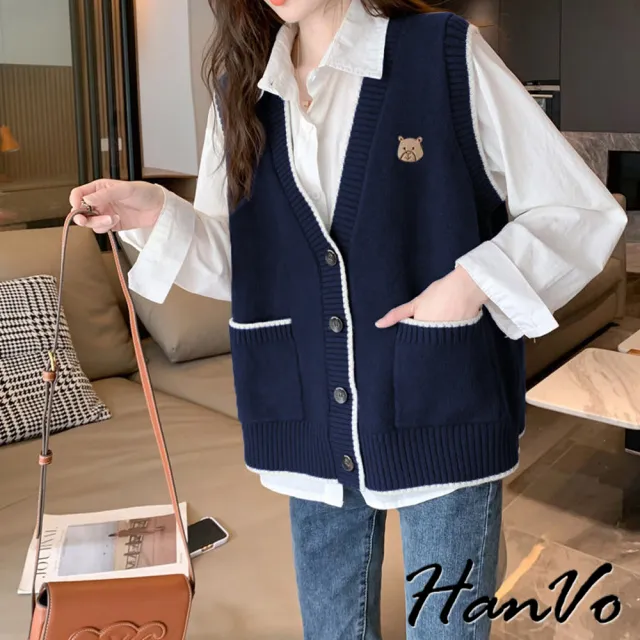 【HanVo】現貨 韓版針織小熊寬鬆背心(保暖系列親膚柔軟小口袋 韓系女裝 女生衣著 A07-4999)