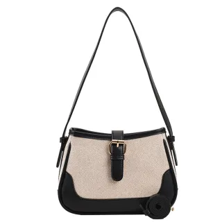 【DF Queenin】雙11 韓國新款撞色單肩亞麻搭配皮質感斜背馬鞍包-共2色