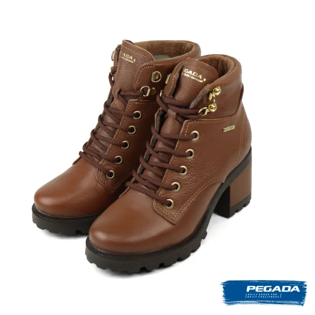 【PEGADA】經典粗跟荔枝皮拼接綁帶短靴 棕色(281329A-BR)