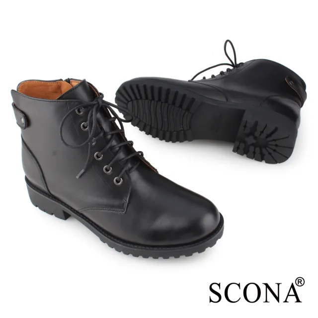 【SCONA 蘇格南】全真皮 率性經典綁帶短靴(黑色 8818-1)