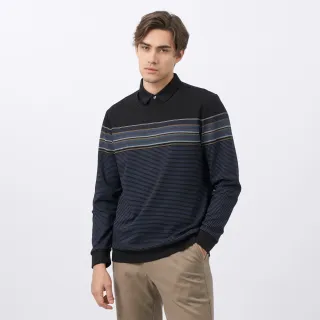 【pierre cardin 皮爾卡登】休閒服飾 男款 棉質混紡印花假兩件襯衫領長袖POLO衫-黑色(5235297-99)