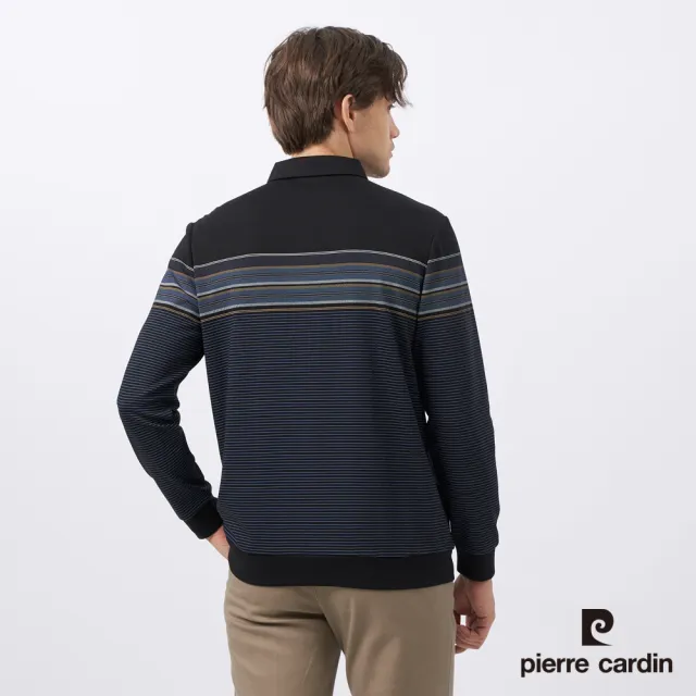 【pierre cardin 皮爾卡登】休閒服飾 男款 棉質混紡印花假兩件襯衫領長袖POLO衫-黑色(5235297-99)