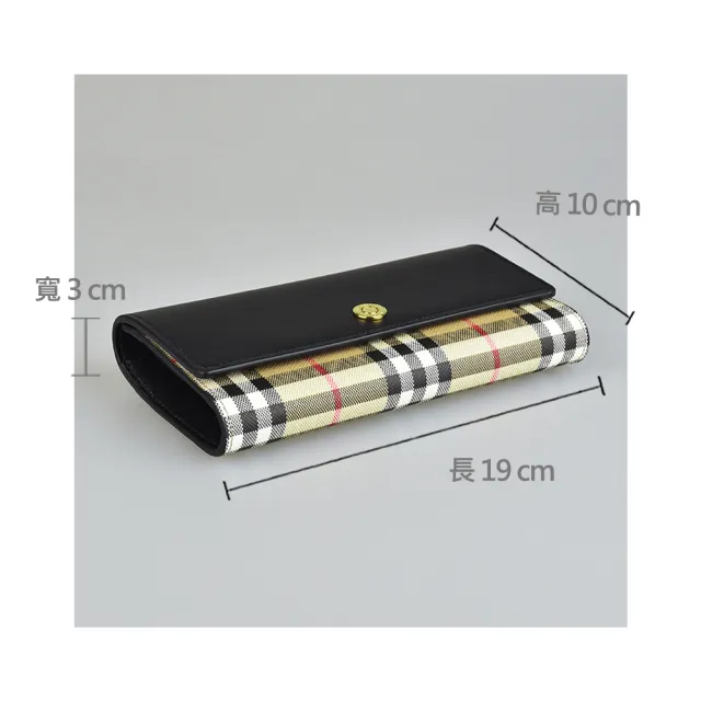 【BURBERRY 巴寶莉】BURBERRY金屬LOGO牛皮搭格子PVC 12卡釦式翻蓋長夾(典藏米x黑)