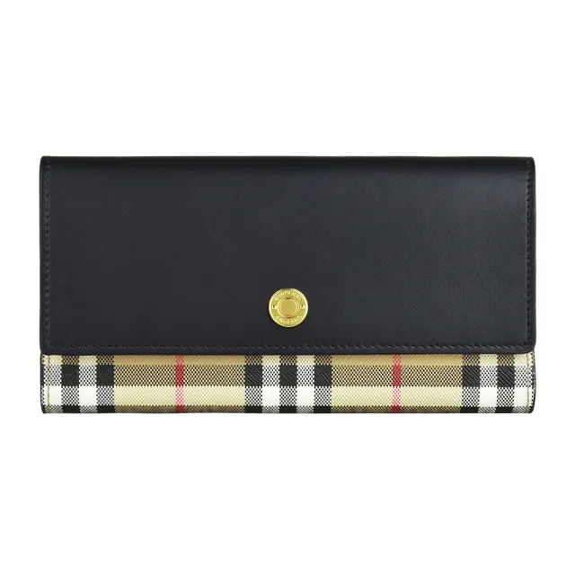 【BURBERRY 巴寶莉】BURBERRY金屬LOGO牛皮搭格子PVC 12卡釦式翻蓋長夾(典藏米x黑)