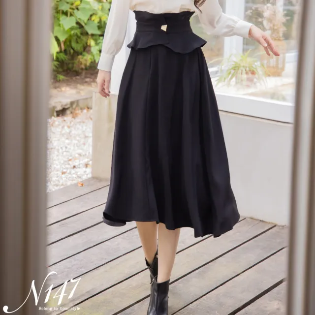 【N147】雪紡金釦高腰封飾造型長裙《Q763》(韓國女裝/現貨商品/預購)