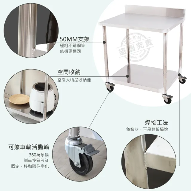 【Abis】客製商品-豪華升級版加牆款二層430不鏽鋼桌-附煞車輪/料理桌/工作桌/工作台/流理台(72X56CM)