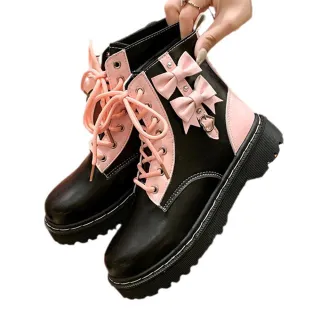【Taroko】粉紅少女蝴蝶結厚底圓頭短靴(黑色)
