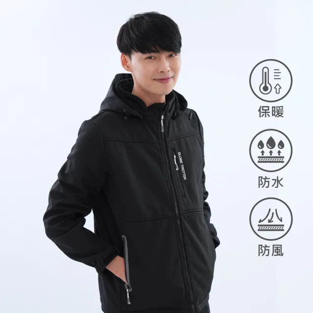 【遊遍天下】男款GlobeTex防水防風保暖刷毛軟殼外套 曜岩黑(登山騎車 M-5L 大尺碼)