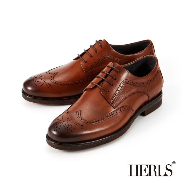 HERLS 男鞋系列-全真皮直條拼接翼紋雕花德比鞋(棕色)