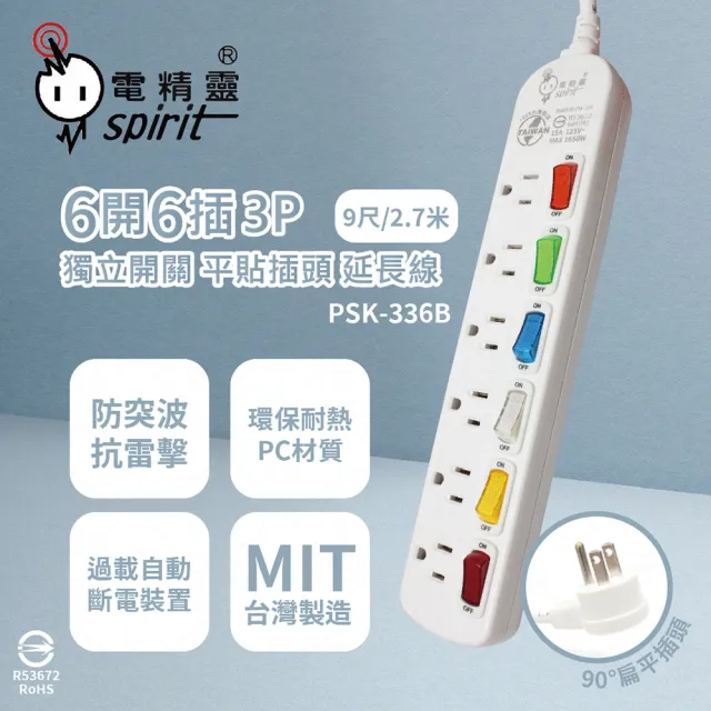 【電精靈spirit】台灣製造 PSK-336B 9尺 2.7米 6開6插 3P 扁平插頭 插座 電腦延長線
