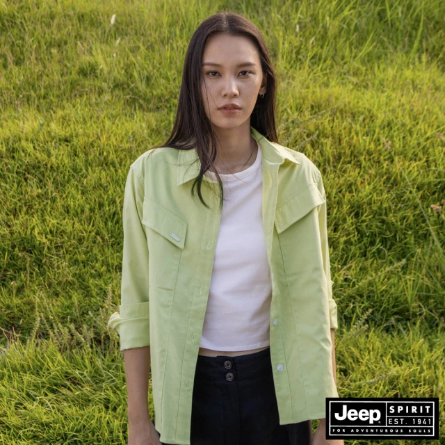 【JEEP】女裝 斜邊口袋剪接長袖襯衫(綠色)