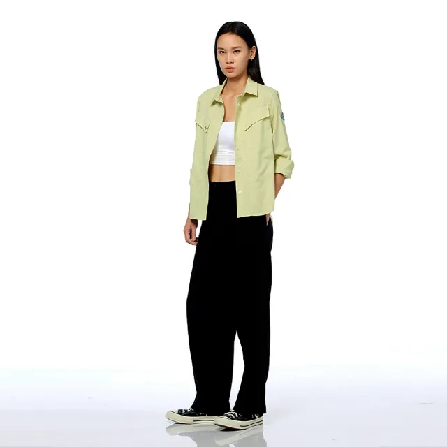 【JEEP】女裝 斜邊口袋剪接長袖襯衫(綠色)