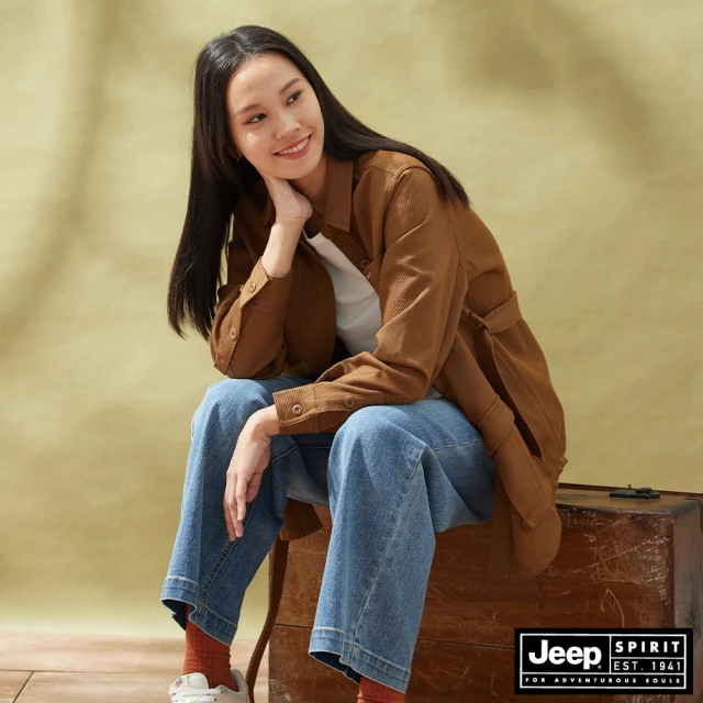 【JEEP】女裝 多口袋獵裝長版襯衫式外套(棕色)