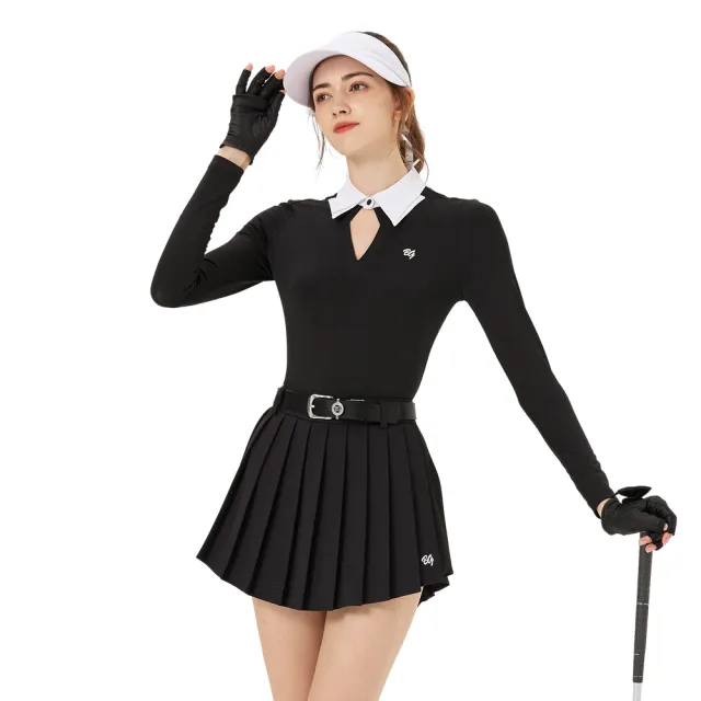 【BLKTEE GOLF】出清下殺 雙層領V口女長袖-黑(高爾夫長袖上衣 golf球衫)