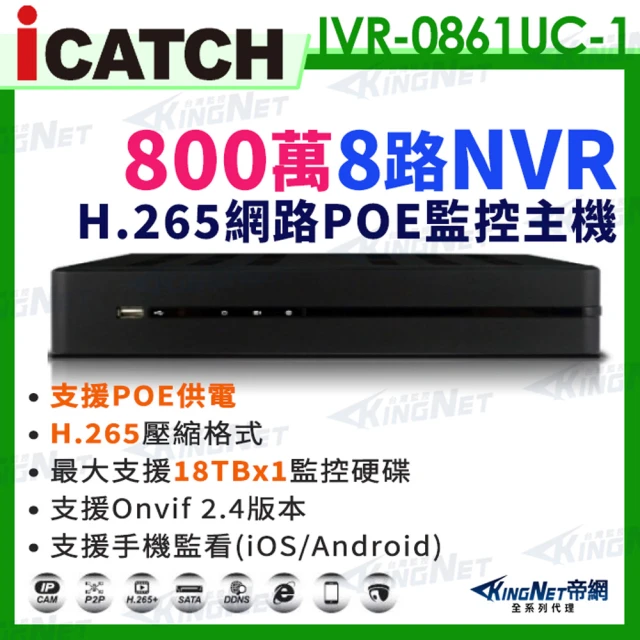 KINGNET ICATCH 可取 800萬 8路 POE供電 NVR 網路型錄影主機(IVR-0861UC-1 ULTRA)