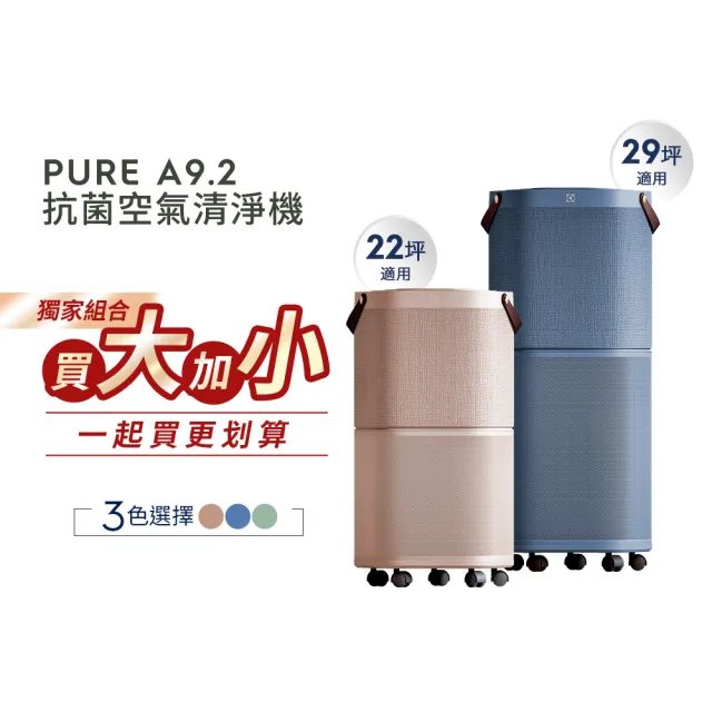 大+小組合】Electrolux 伊萊克斯Pure A9.2 高效能抗菌空氣清淨機(三色