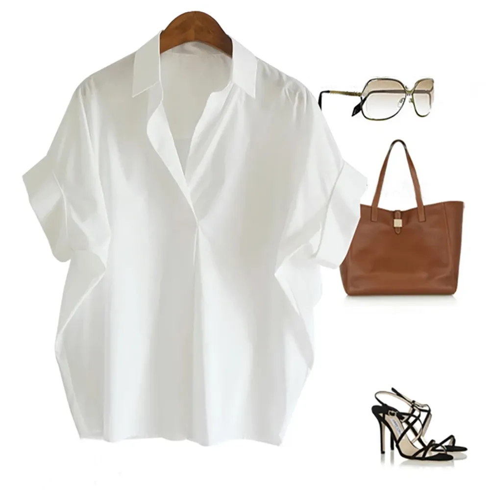 【初色】寬鬆舒適V領襯衫上衣女上衣-白色-60808(M-3XL可選)